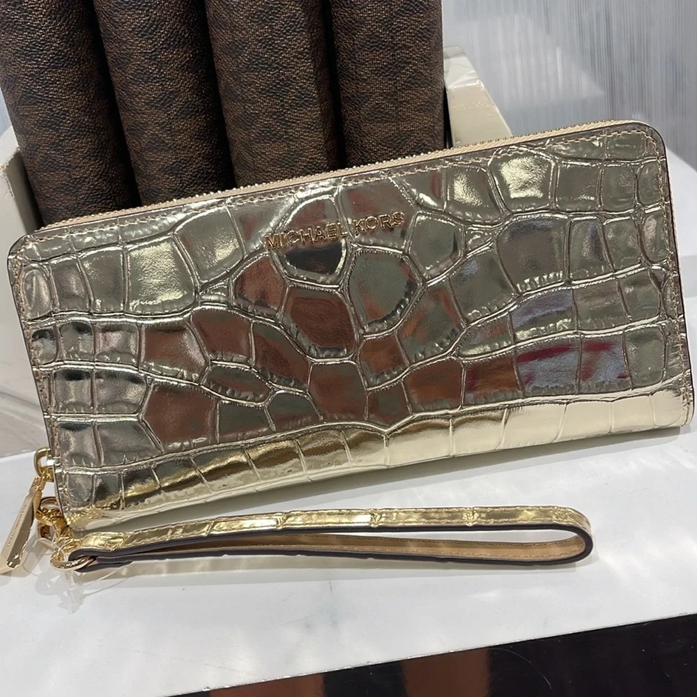 Michael Kors JtSet Travel Metallic Crocodile Embossed Leather Continental Wallet